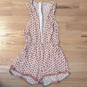 Faithfull The Brand Cream Orange & Purple Printed Deep V Neck Romper Jumper